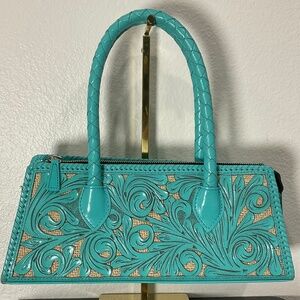 ORIGENES by DAVID LUNA Hand- Tooled Leather Unique Turquoise Excellent Condition